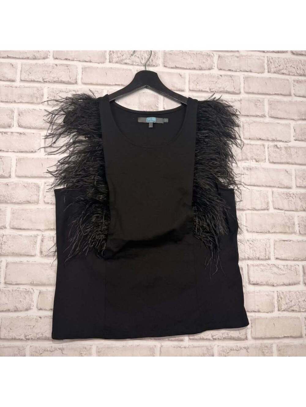 Eva Franco Black Sleeveless Shirt Feather Trim Women's L